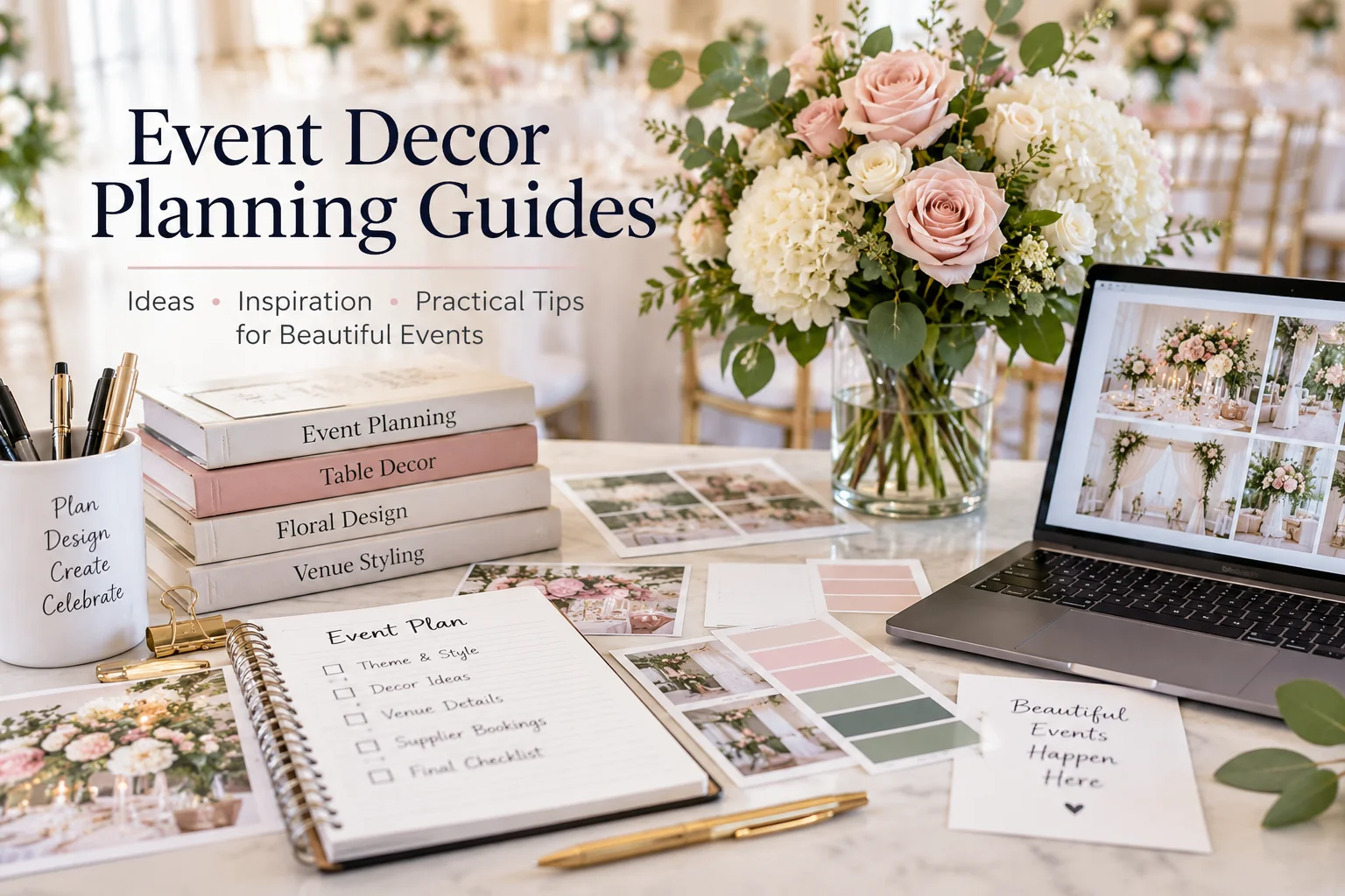 Event Decor Planning Guides workspace with floral decor, planning notebook, colour swatches, event photos and venue styling ideas.